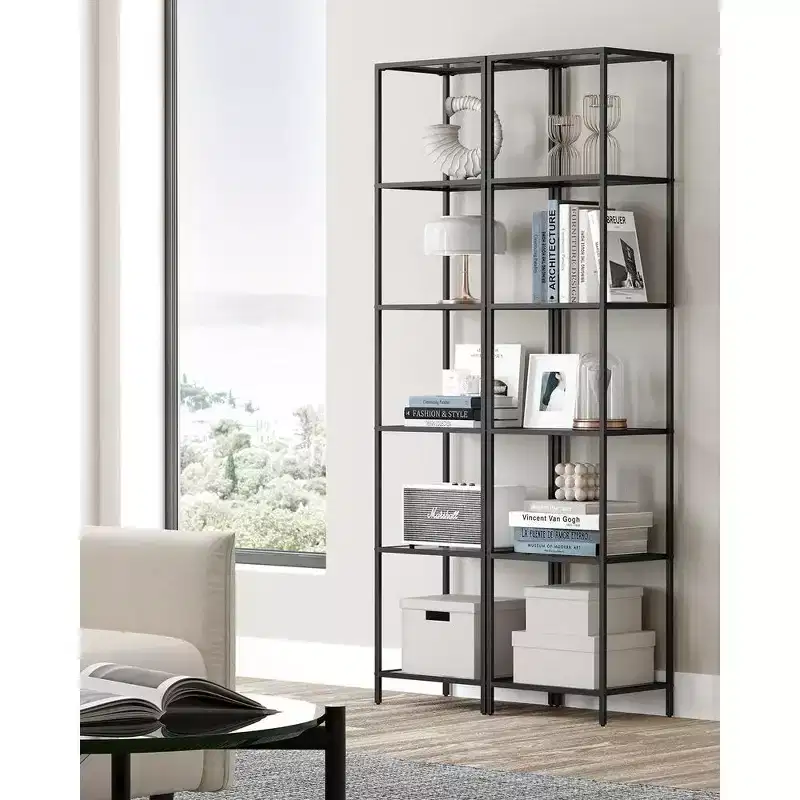 Bookcase, 6-Tier Bookshelf, Slim Shelving Unit for Bedroom, Bathroom, Home Office, Tempered Glass
