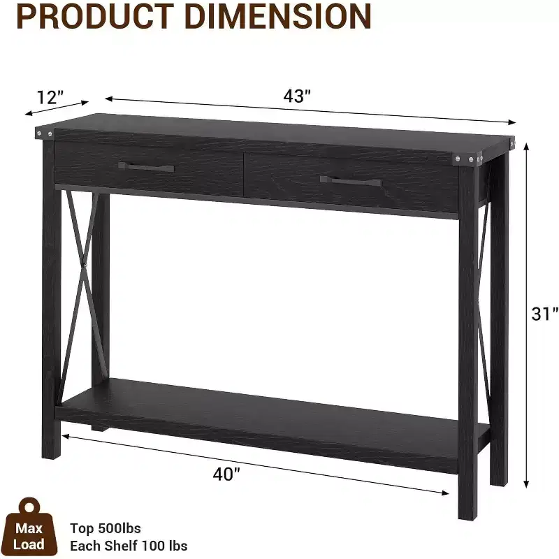 31in Wood Console Table, Entryway Table with Drawers and Open Storage Shelf, 2-Tier Foyer Table Narrow Sofa Table for Couch Corridor Living Room