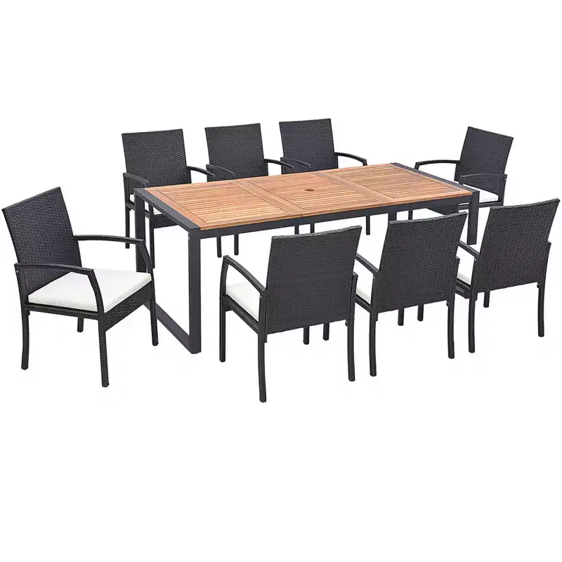 Costway 9 Pieces Patio Rattan Dining Set with Acacia Wood Table, 1.9 Umbrella Hole