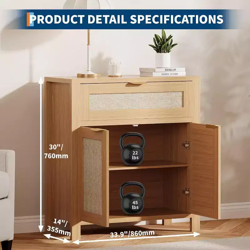 Natural Oak Rattan Sideboard Buffet Cabinet - Drawer & Adjustable Shelves, Storage Accent Cabinet for Living Room Entryway Coffee Bar