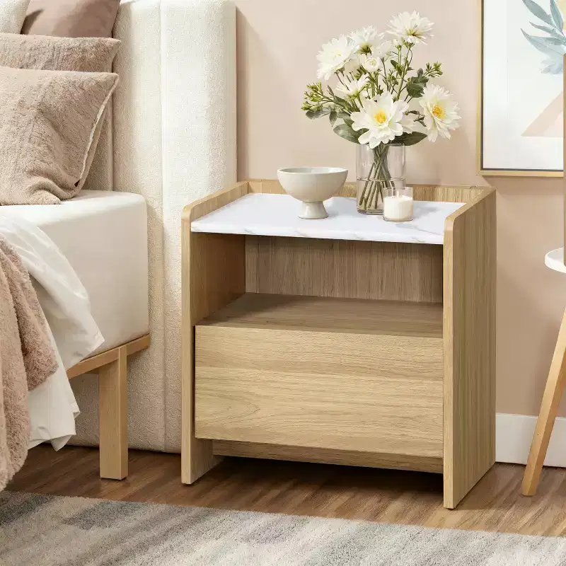 LuxenHome 23 Oak Nightstand with Faux Marble Top, Wood Bediside Table with Open Storage Shelf Brown