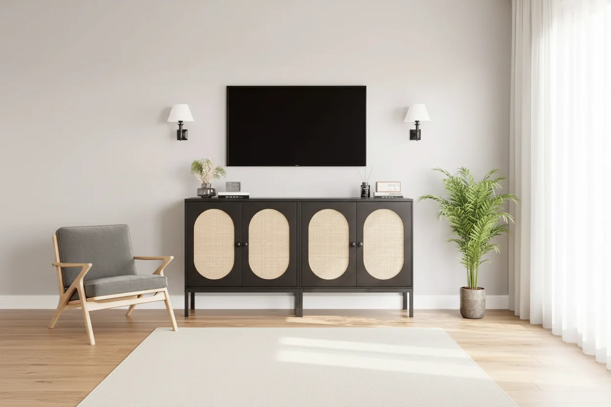 Rattan Buffet Cabinet Sideboard with Doors and Adjustable Shelves