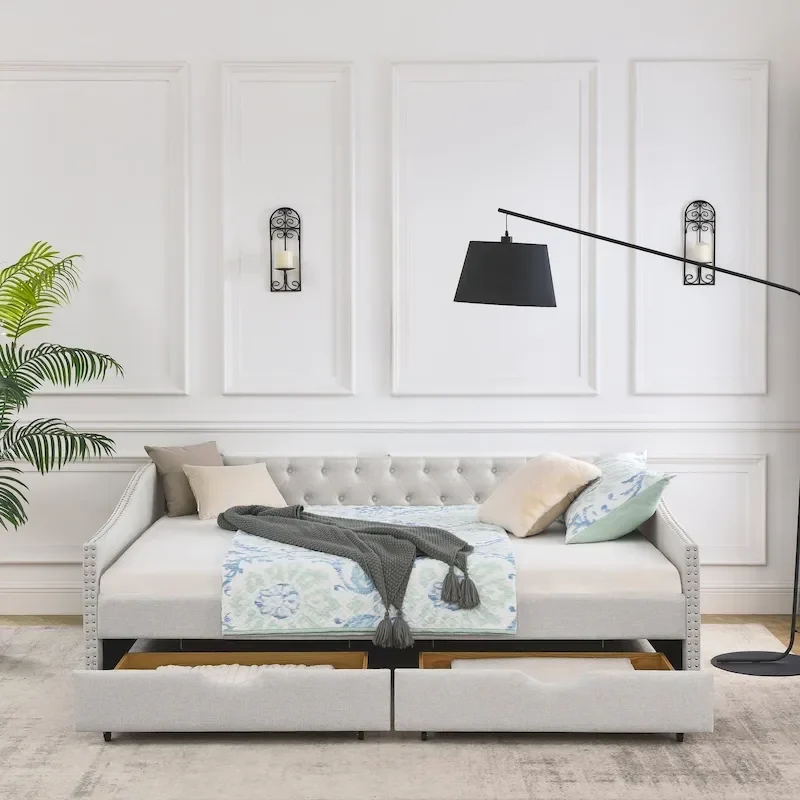 Queen Size Daybed With Drawers Upholstered Tufted Sofa Bed