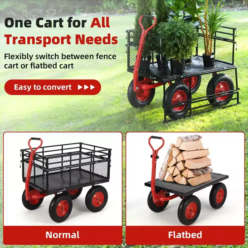 Steel Garden Cart, Heavy Duty Metal Yard Utility Wagon with Removable Mesh Sides, 2-in-1 180Rotating Handle and 16 inch Wheels, Steel Utility