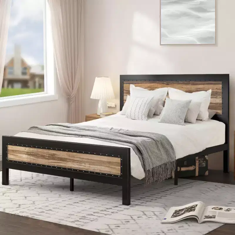 Heavy-Duty Platform Metal Bed Frame with Headboard, Unique Strip and Rivet Decoration