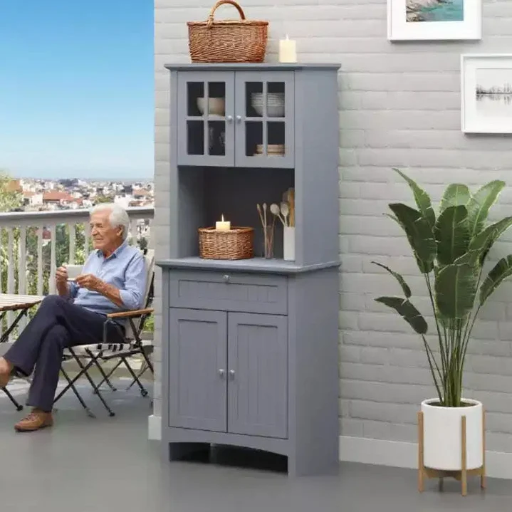 Modern 65 Wooden Kitchen Pantry Storage Cabinet with Glass Doors and Drawer