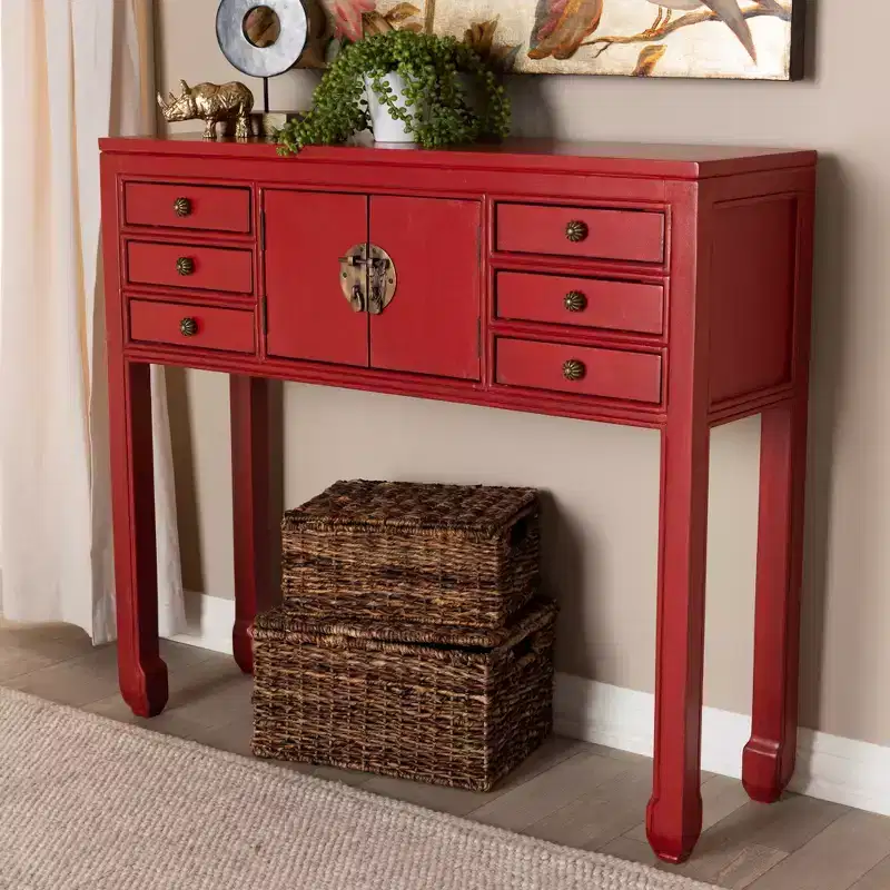 6-Drawer Console Table, Red, Antique-Inspired, Bayur Wood, Bronze Handles