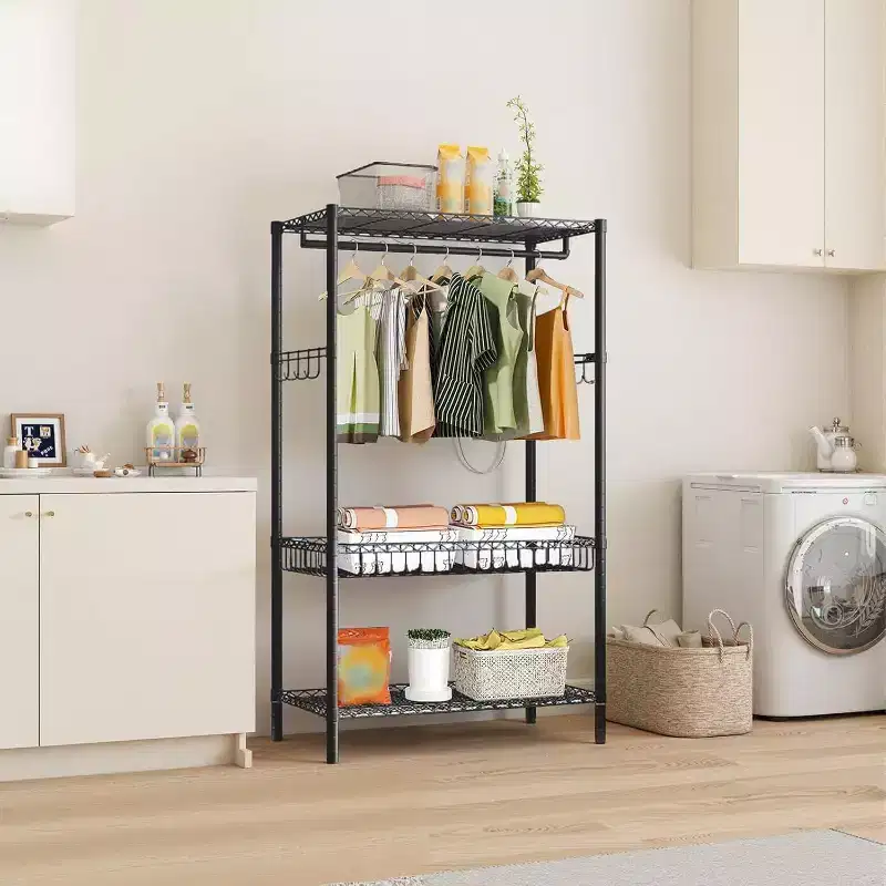 Heavy-Duty Mobile Garment Rack, 3 Level Adjustable Clothing Rail with Lockable Casters, Freestanding Storage for Home