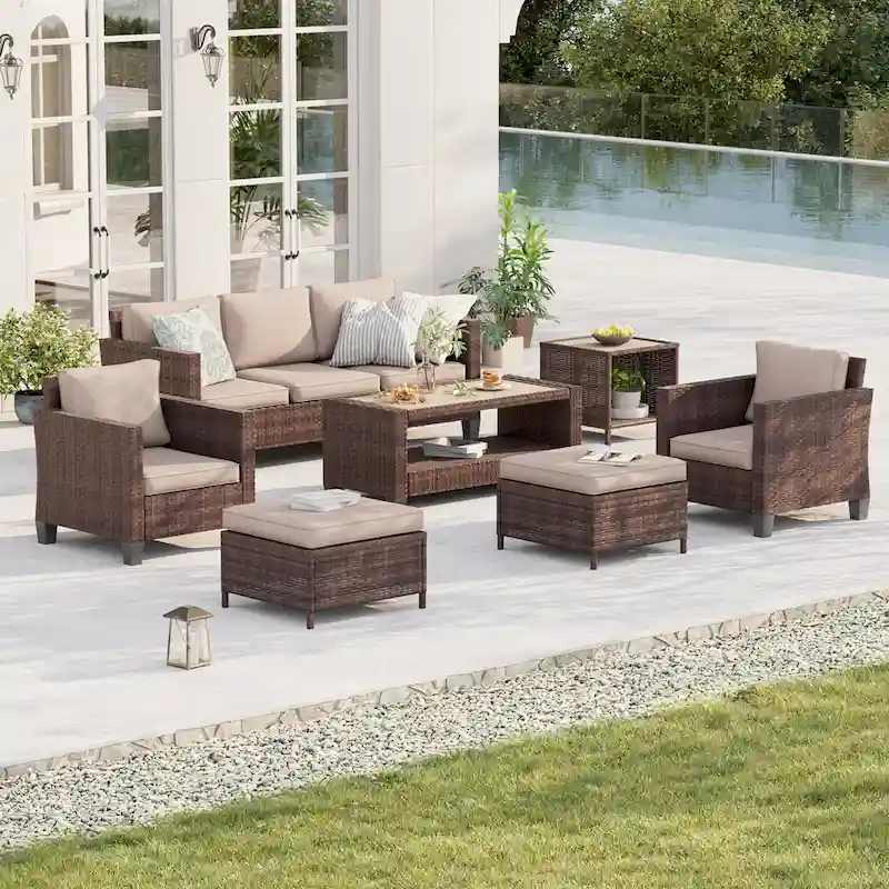 BONOSUKI Patio 7Pcs Furniture Conversation Brown Rattan 2 Side Tables