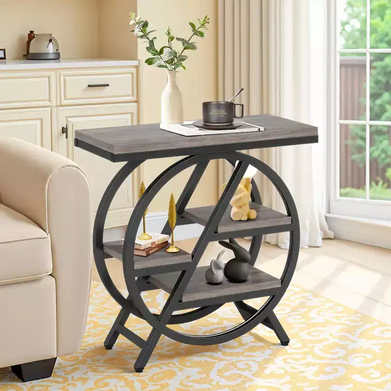 4-Tier Industrial End Table with Staggered Shelves, Black Metal Frame & Rustic Brown Top