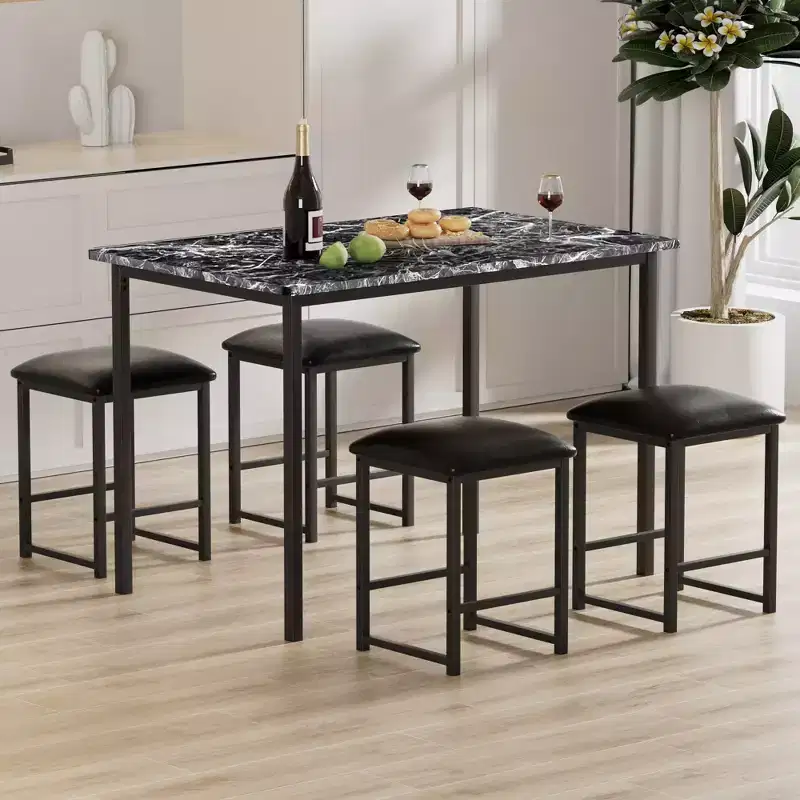 VECELO Kitchen Table and Chairs Set for 4, Dining Room Set with PU Chairs/Stools, Heavy-Duty Frame for Small Spaces, Brown/Black