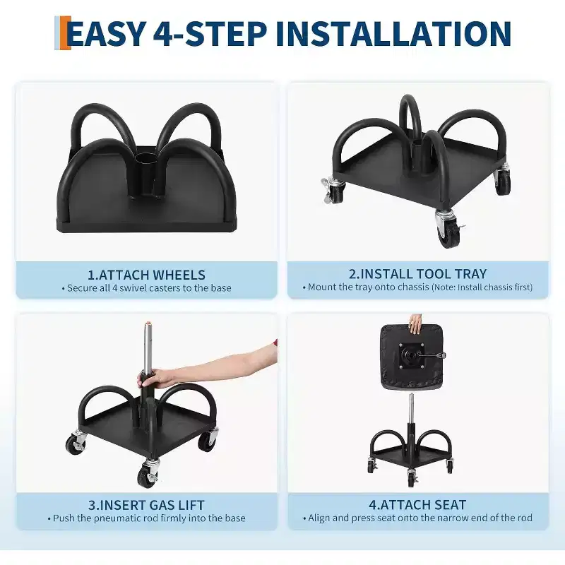 Rolling Garage Stool with Padded Seat, Height Adjustable, 300LB Capacity, Utility Tray, Lockable 360 Wheels, Black