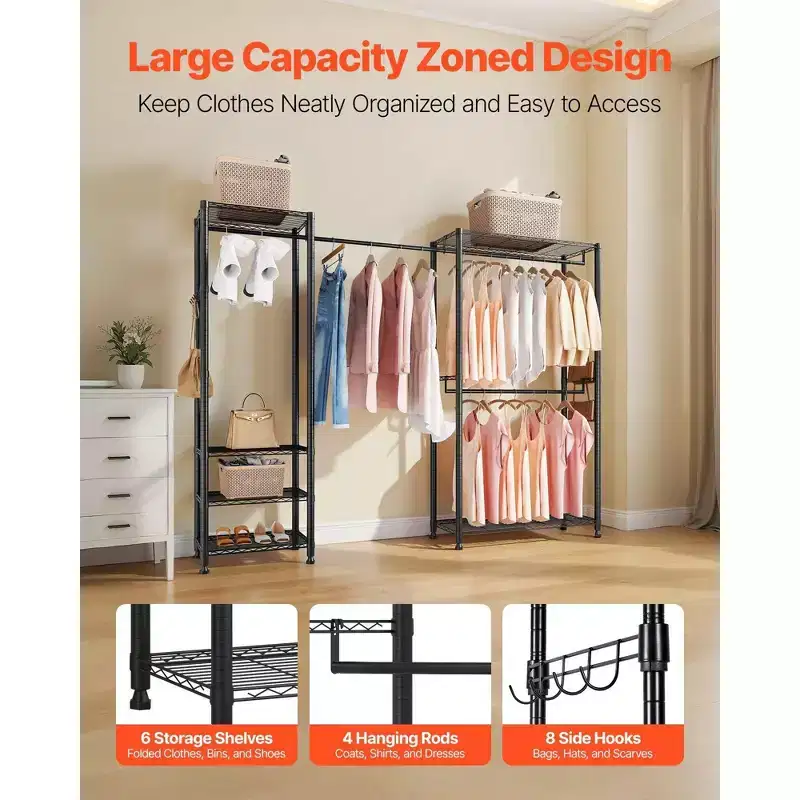 VIYET Heavy Duty Freestanding Clothing Rack - Steel Frame, Storage Shelves, 800LBS Load