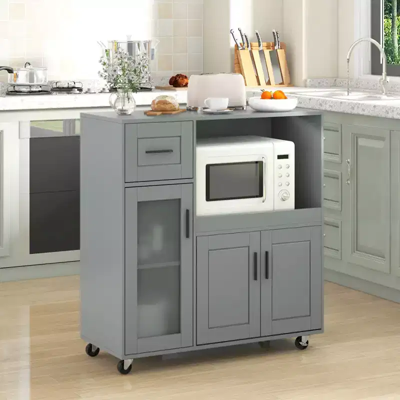 Costway Rolling Kitchen Island with Wheels Kitchen Cartwith Drawer and Glass Door Cabinet