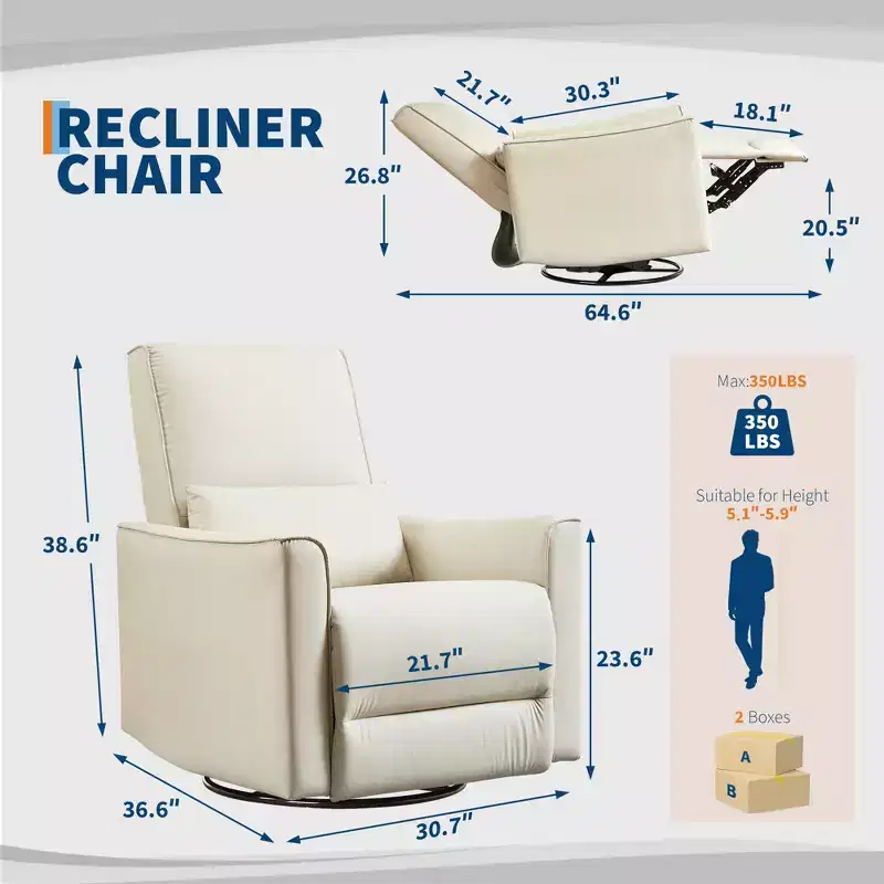 360 Swivel Rocking Recliner Chair, Glider Rocking Chair, Upholstered Faux Leather Recliner, Manual Recliner Chair with Lumbar Support