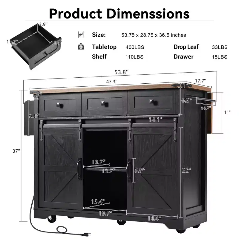 sumyeg 53.7 Rolling Kitchen Cart with Barn Doors, Drop Leaf, Power Outlet and Spice Rack (No Stools)