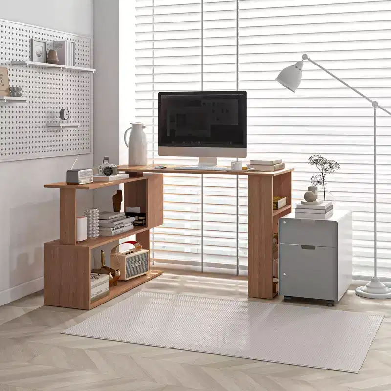 HOMCOM 360 Rotating Home Office Desk L Shaped Corner Computer Desk with Storage Shelves, Writing Table Workstation, Teak