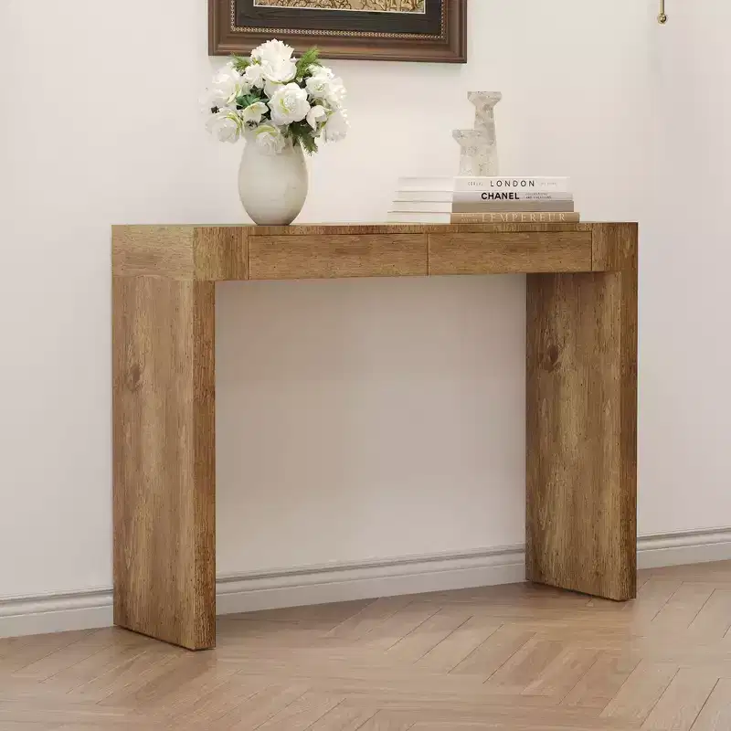 Wood Grain Texture Veneer Console Table with 2 Drawers – Farmhouse Sofa Table for Living Room & Hallway