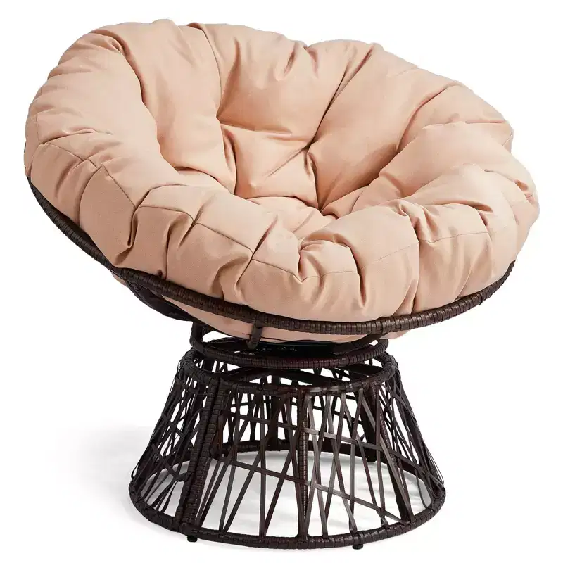 Karl Home | Brown Wicker Swivel Accent Chair With Beige Cushion