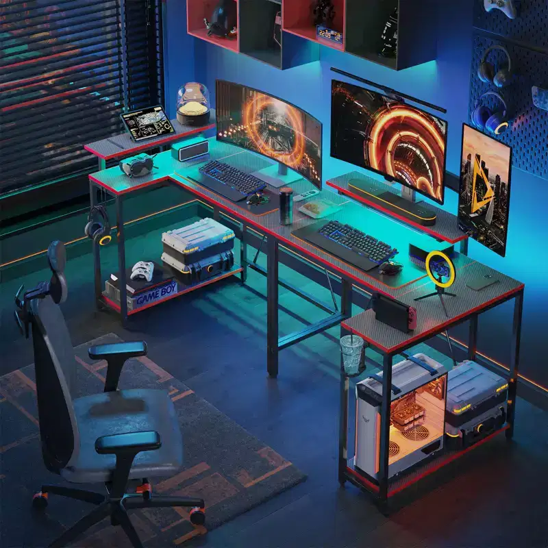 42 Reversible L-Shaped Gaming Desk with Monitor Stand, LED Lights, Headphone Hook & Storage Shelves, Home Office Desk