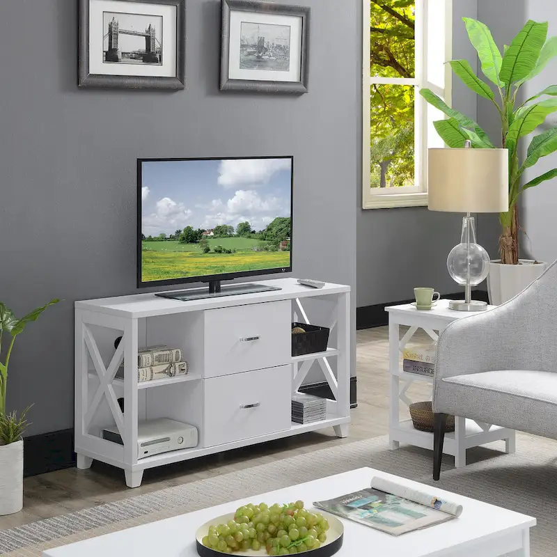 2-Drawer TV Stand with Shelves – X-Frame Design, Fits TVs up to 55 Inches