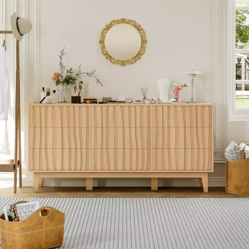 Fluted Dresser for Bedroom with 9 Drawers for Bedroom, Modern Fluted Chest of Drawers, Freestanding Wooden Storage Cabinet, TV Stand for Living Room