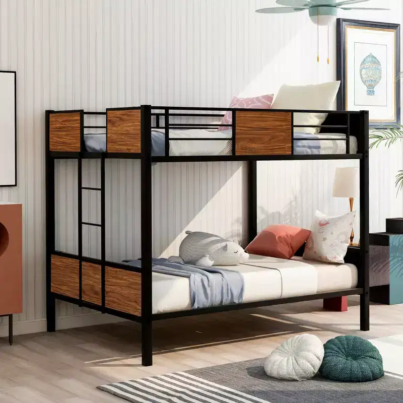 Full over Full Metal Bunk Bed with Wood Grain, Metal Bunkbeds Frame with Safety Rail for Kids Adults, Brown