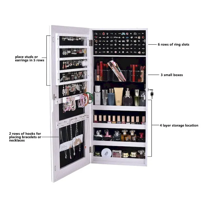 White Wall-Mounted Jewelry Cabinet with Full Mirror, Lock and Velvet Interior for 1 Person