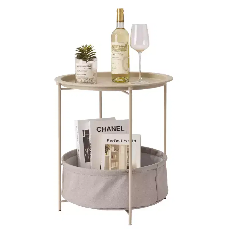 VECELO Round Side/End Table with Fabric Storage Basket, Metal Anti-Rust and Waterproof Small Bedside Nightstand with Removable Tray Top