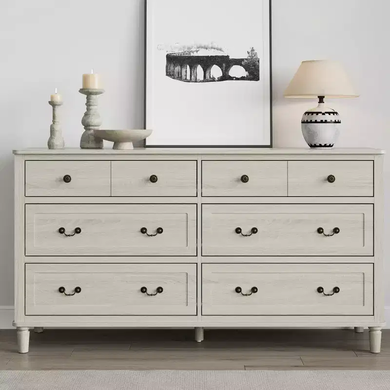 Heynemo Large 6 Drawer Dresser for Bedroom, 58 Wide Modern Chest of Drawers, Dresser TV Stand with Metal Handle, Wood Drawer Organizer, Grey Light