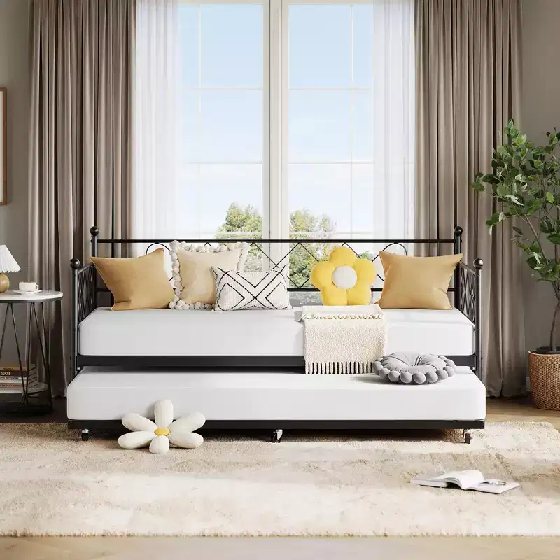 Daybed with Trundle,Metal Twin DayBed Frame with Headboard,Multifunctional Mattress Foundation Platform Sofa Bed for Bedroom,Living Room,Guest Room