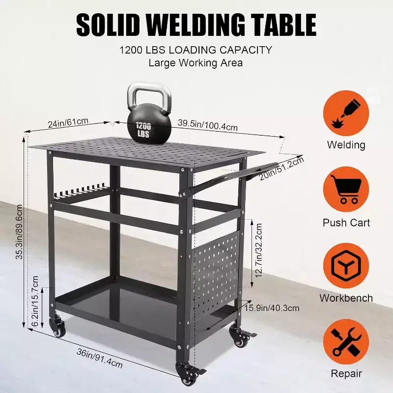 Acekool Portable Rolling Welding Table 36x24 Steel Top with Pegboard, 5/8-Inch Holes, Tool Slots, Storage Shelf, 1200LB Capacity, Orange