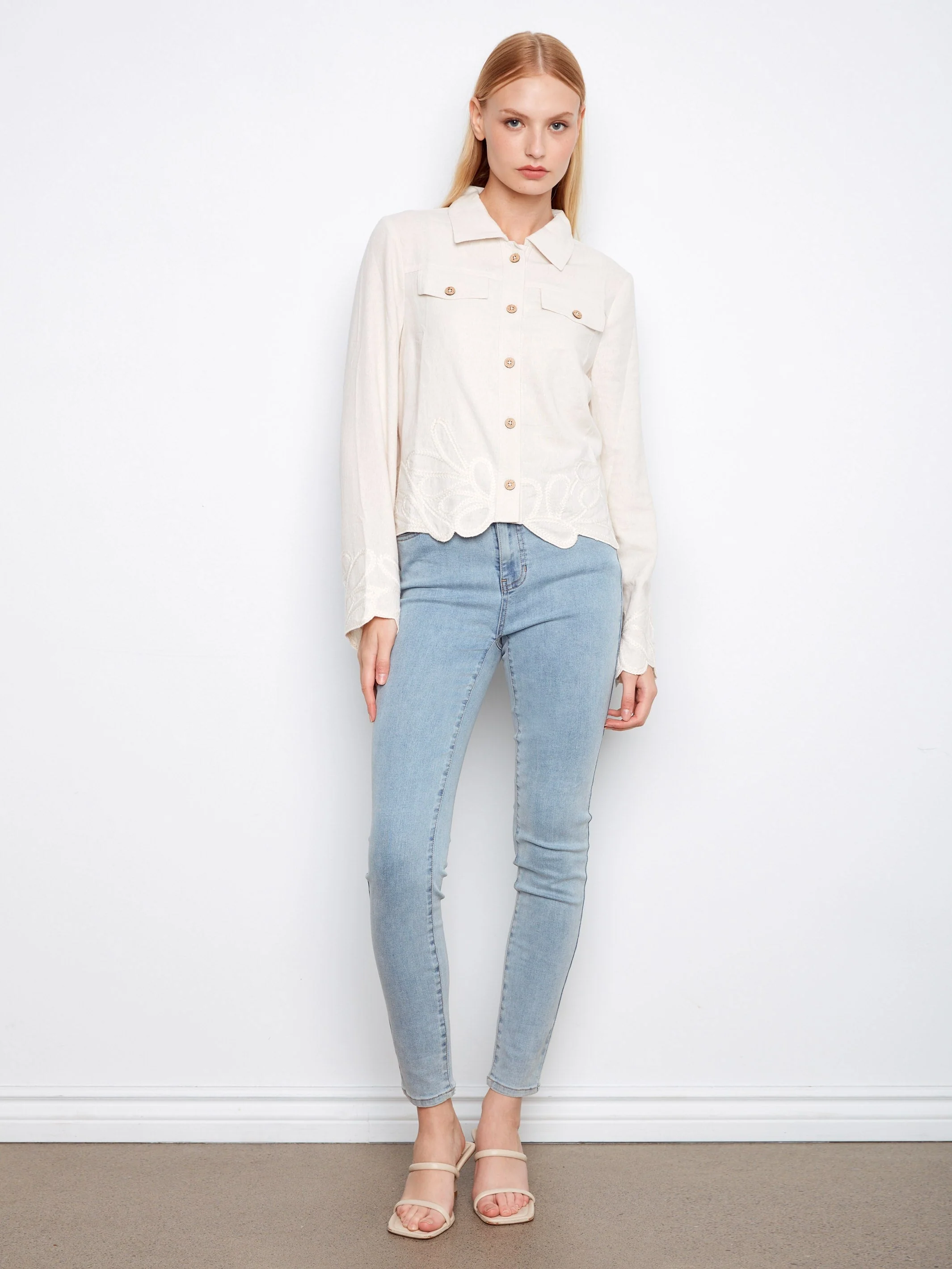 Embroidered Hem Linen Blend Jacket - Natural