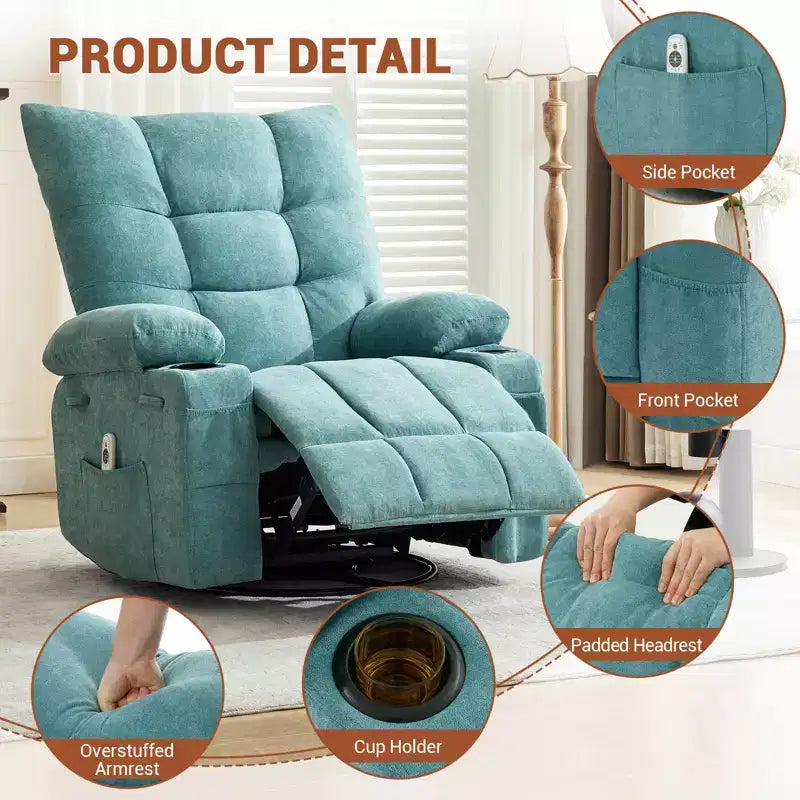 Swivel Rocker Recliner Chair with Heat & Massage - 360 Rocking Lazy Boy Recliner with Cup Holders & Side Pocket - Ergonomic Single Sofa, Blue