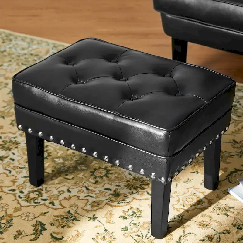 Black / Coffee Mid-Century Button-Tufted PU Leather Ottoman