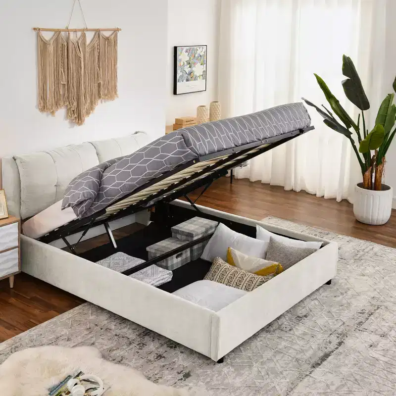 Queen/King Storage Platform Bed Frame Chenille Upholstered Bed with Soft Headboard