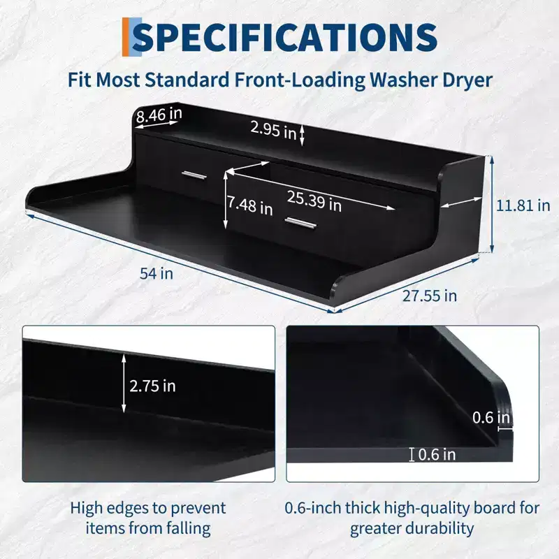 2-Tier Washer Dryer Countertop with 2 Drawers,Wood Laundry Countertop with 2.75 H Edge Rails,Waterproof Washer Dryer Cover with Anti-Slip Pads