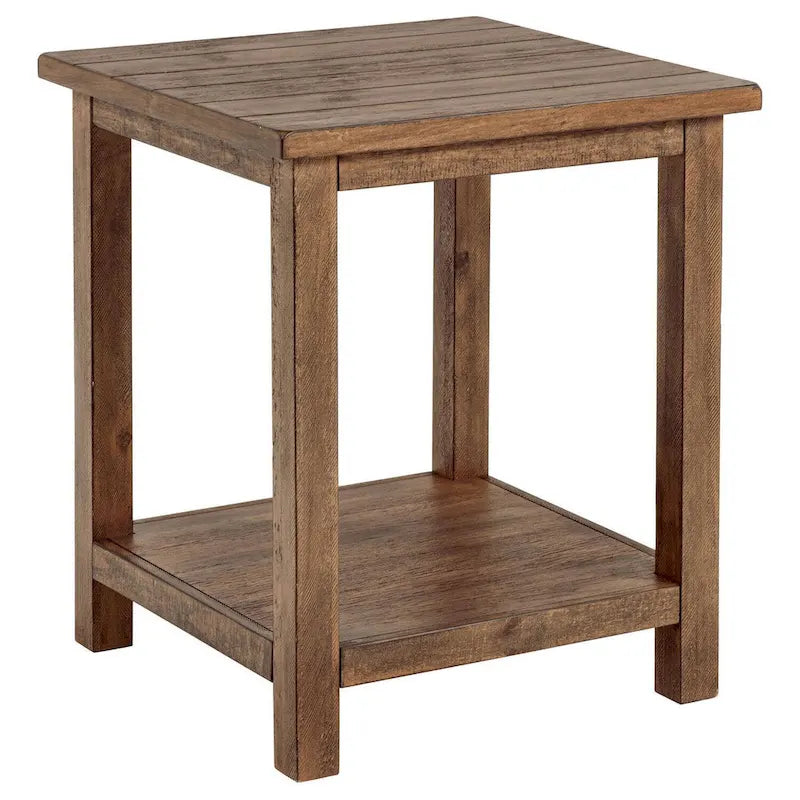 Side End Table, 1 Shelf, Distressed Brown Wood, Square 20 Inch