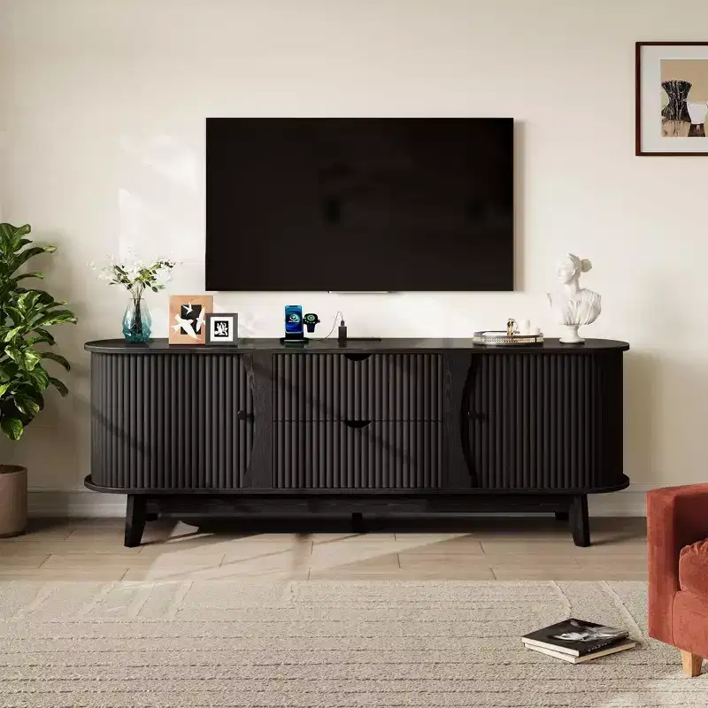Black/Brown Mid Century TV Stand with 2 Drawers, for 1 Room