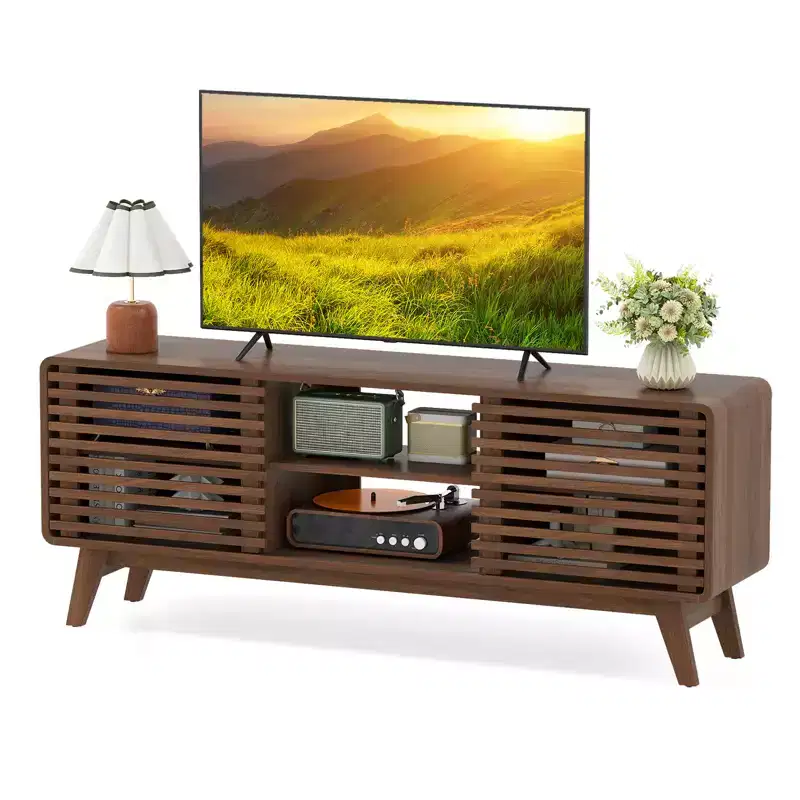 TV Stand with Sliding Doors, Adjustable Shelves & Rubber Wood Legs for TVs up to 65