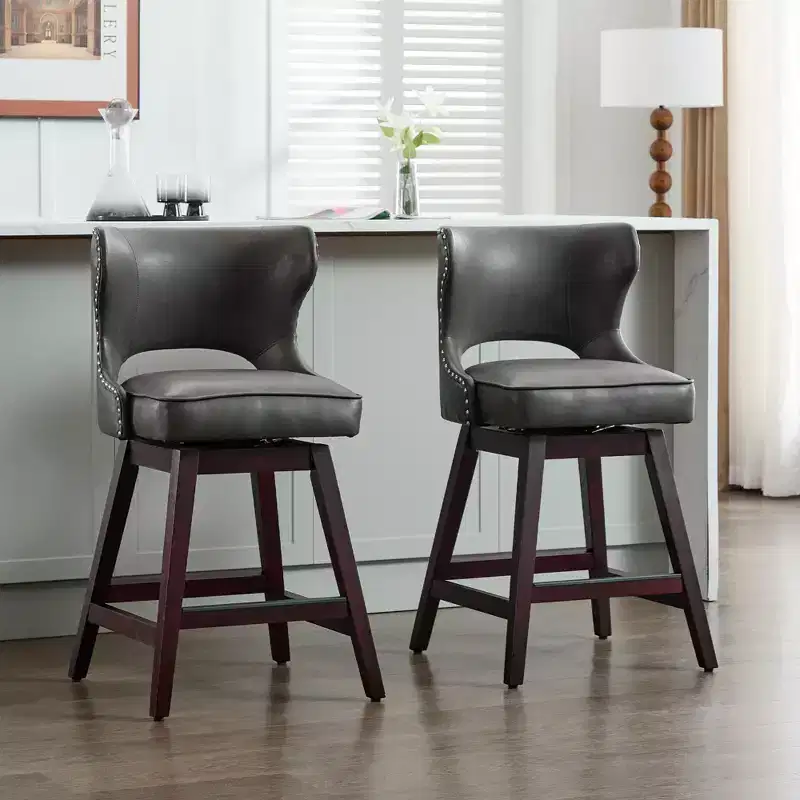 Swivel Nailhead Counter Bar Stools Set of 2 Upholstered 360° Solid Wood Legs 26