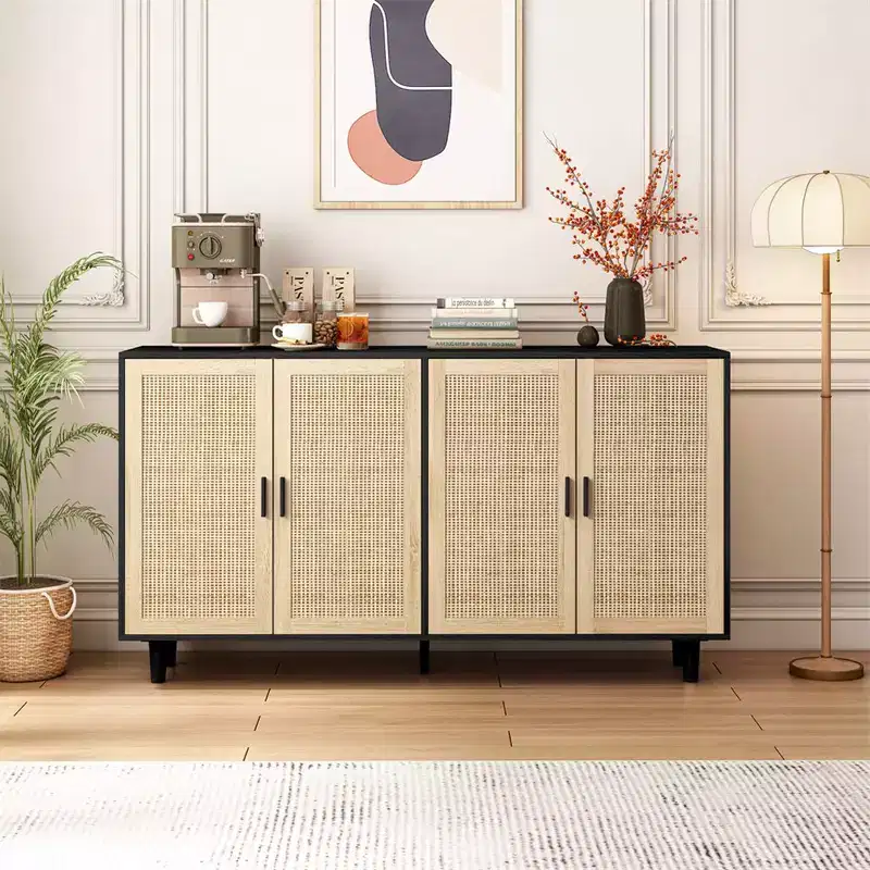 62.20Rattan Storage Cabinet, Modern Wooden Buffet Cabinet With 4 Doors Adjustable Shelves, Accent Sideboard Storage Cabinet For Living Room Hallway