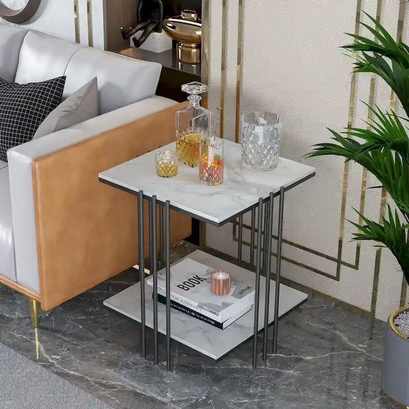 Marble Top Side Table 2 Tier Square Accent End Tables