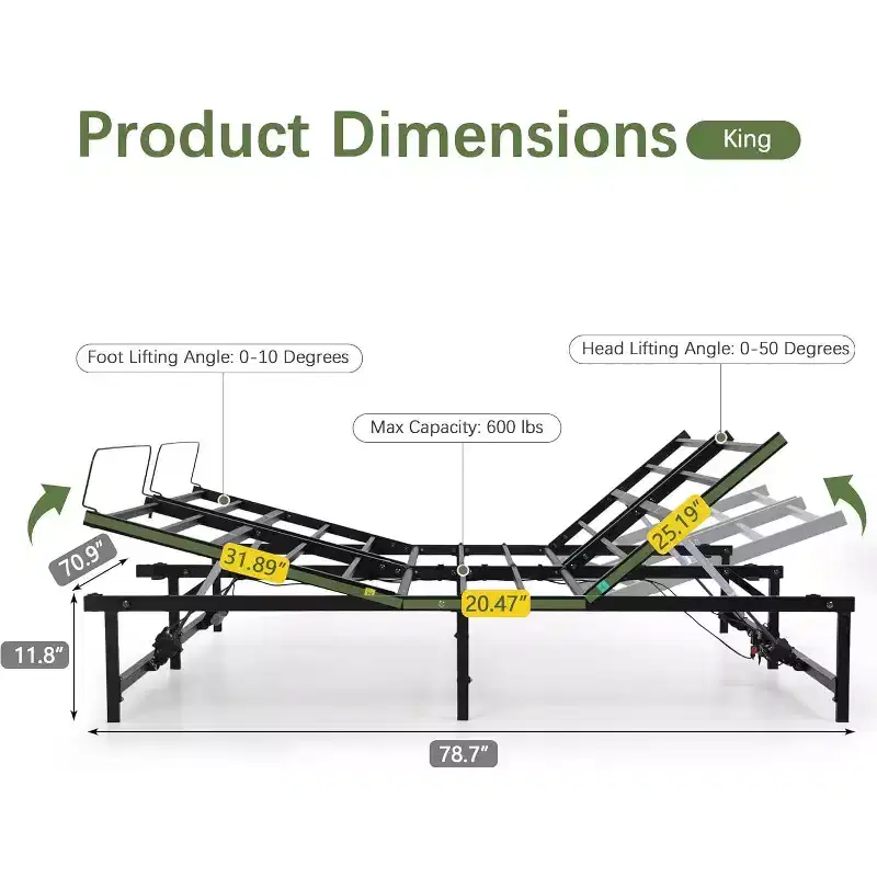 Adjustable Bed Frame Electric Bed Base with Wired Remote, Ergonomic Foot and Head Incline Function, King