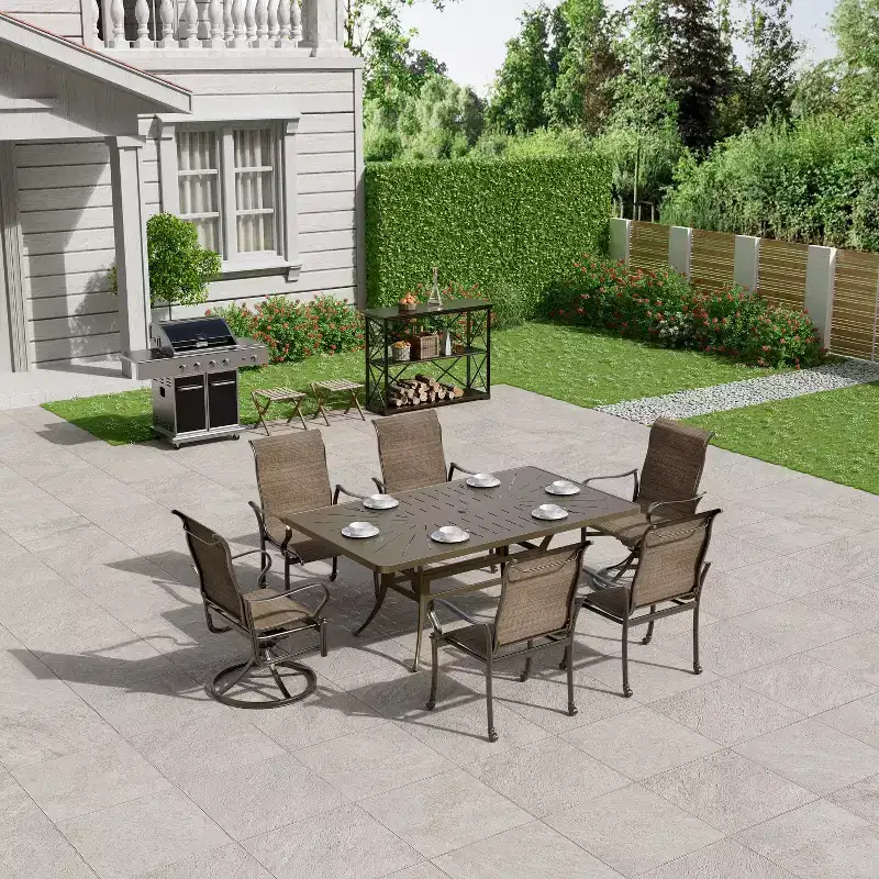Mondawe 7 Pieces Cast Aluminum Outdoor Patio Dining Set with 2 Swivel Chair and 4 Armchairs and 1 Rectangle Table