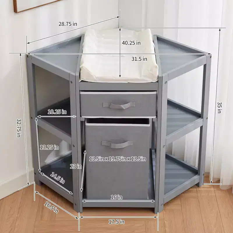 Baby Corner Changing Table, Gray, with Storage Drawer, Changing Pad & Laundry Hamper for Nursery