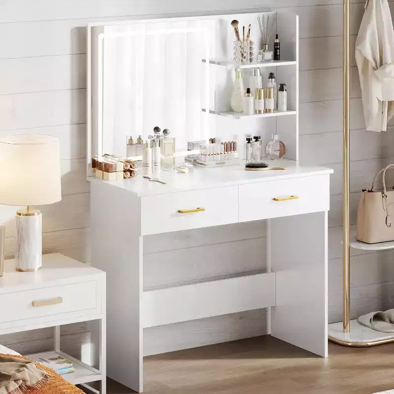 WAYES Vanity Desk with LED Mirror, 3-Foot White Makeup Table for Bedroom, Storage Drawers, and Shelves, White Finish
