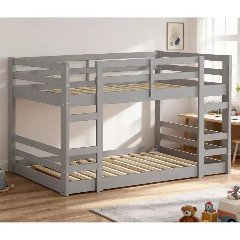 Twin over Twin Wooden Bunk Bed with Guardrails & Integrated Ladders, Kids Bed Frame