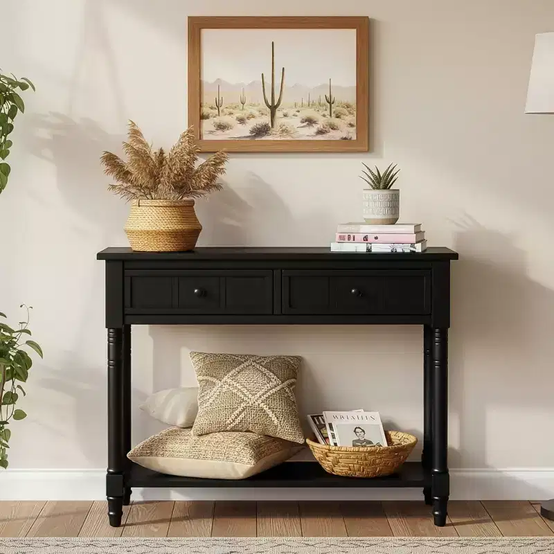 Traditional Entryway Console Table with 2 Drawers and Bottom Shelf, Solid Pine Wood