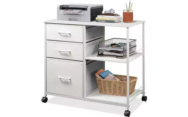 3 Drawer Mobile File Cabinet with Open Storage Shelf and Fabric Drawers, Fits A4 or Letter Size, White